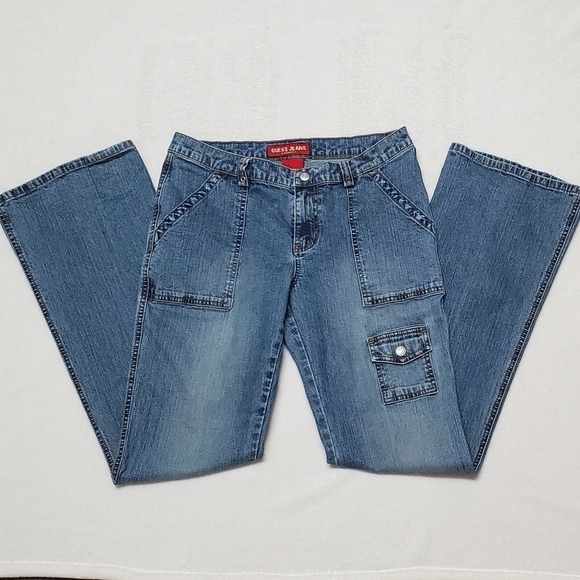 Vintage 90s Guess Stretch Fit Low Rise Mid Wash Flare Extra Pocket Cargo Jeans - Picture 4 of 10